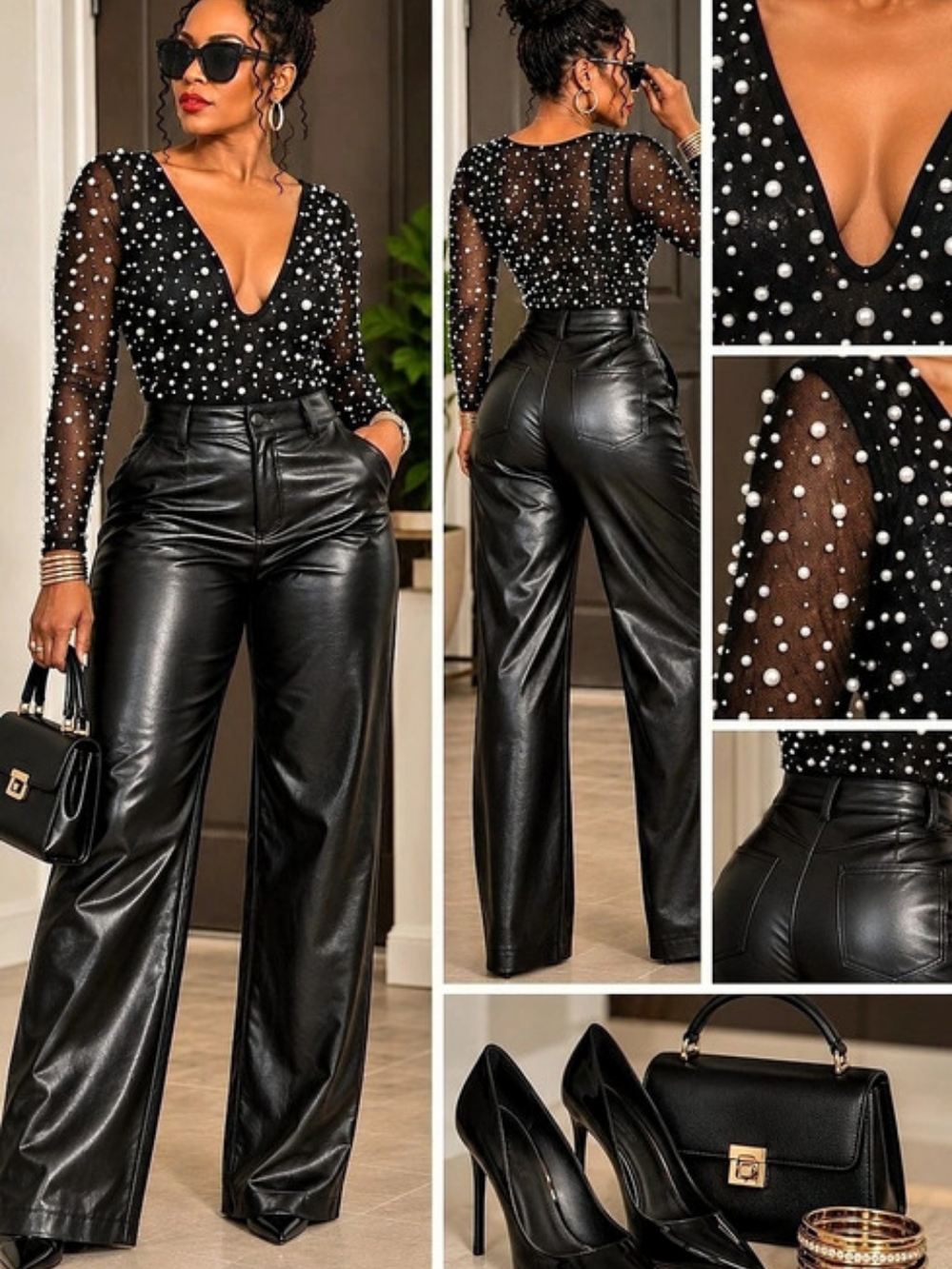 Akira Rhinestone Dreamin Pearl Long Sleeve Mesh Bodysuit Black & White XL